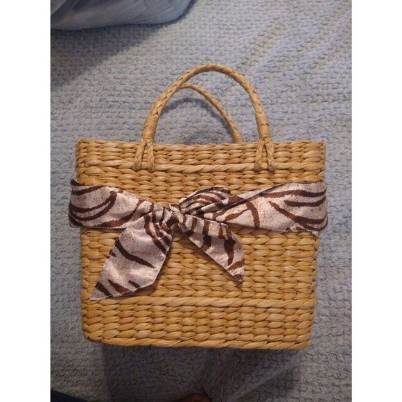 Straw bow print Zebra Straw Basket handbag Boho Beachy Vintage - Picture 2 of 8